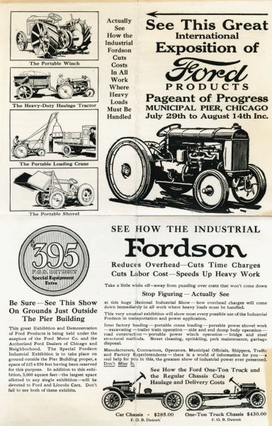 Advertisement for the Industrial Fordson tractor and its accessories, illustrated from top left: portable winch, heavy-duty haulage tractor, portable loading crane, and a portable shovel.