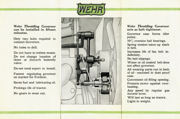Advertisement for the Wehr Throttling Governor, an accessory for the Fordson tractor. An illustration of the implement at center is surrounded on either side by a listing of its qualities.