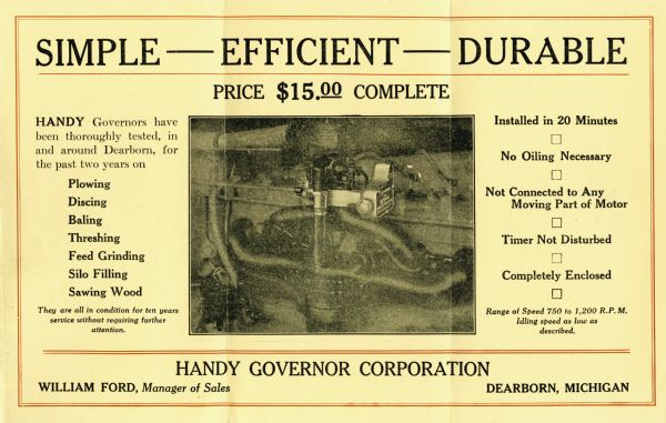 Advertisement for the Handy Governor featuring a photograph of the device at center, surrounded by a listing of its attributes. The heading at top reads: "Simple-Efficient-Durable."
