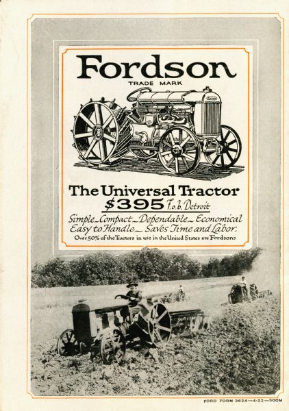 Advertisement for the Fordson tractor at a selling price of $305. The advertisement features an illustration of the tractor set above a photograph of the machinery in use in a farm field.