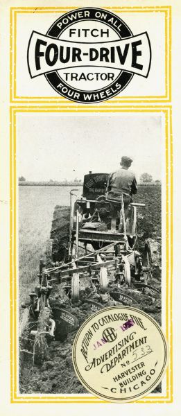 Pamphlet advertising the Fitch Four-Drive Tractor. A photograph of a farmer using the tractor in a field appears at bottom.