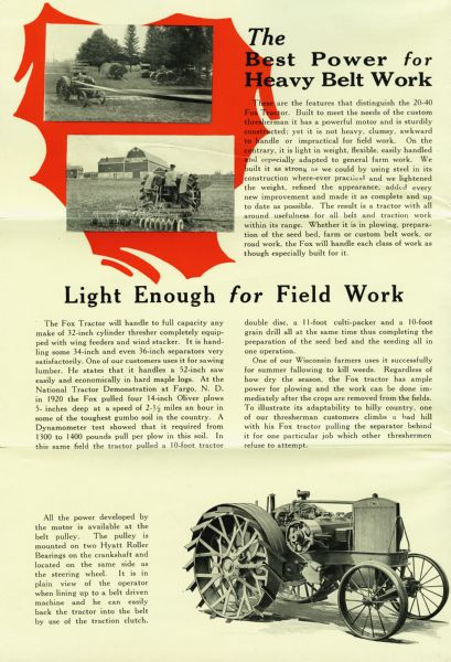 Advertisement for the Fox tractor featuring two photographs of the tractor in use in a farm field, a side-view illustration of the tractor, and a headline reading: "The Best Power for Heavy Belt Work, Light Enough for Field Work."