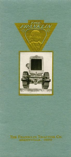 Front cover of a pamphlet advertising the Franklin tractor. The cover features a front-view illustration of the tractor beneath a gold embossment of Benjamin Franklin's bust.