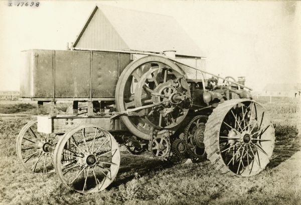 Side view of an experimental tractor designed by J.A. Hockett of the Gasoline Thresher & Plow Company.