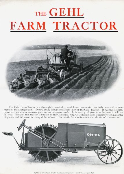 Advertisement for the Gehl tractor with a photograph of the tractor at use in a field, and a right side view of the tractor showing the steering control, brake, and gear shift.