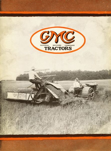 Front cover for a pamphlet advertising the General Motors Company Samson tractor with "sieve-grip." Includes photo illustration of a tractor pulling a Deering grain binder.