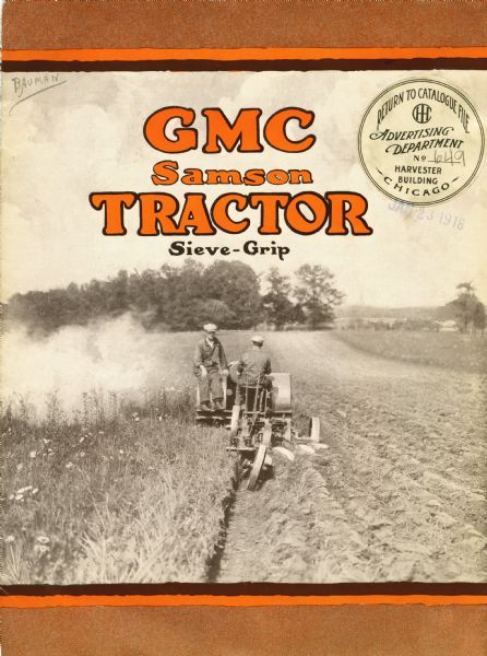 Back cover of a booklet advertising the GMC Samson tractor with "sieve-grip." The photograph depicts two men using a Samson tractor and a plow in a field.