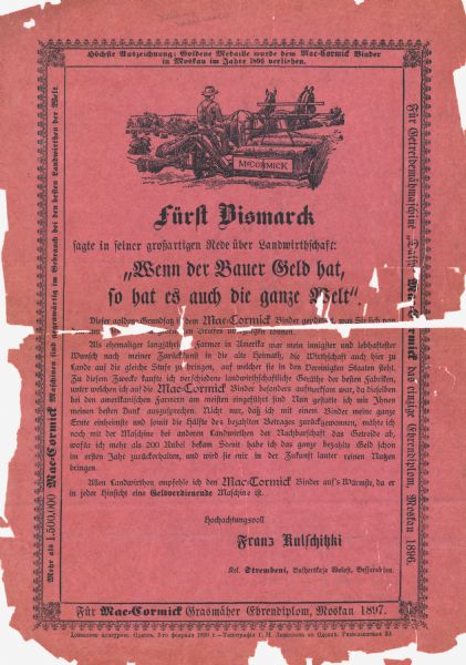 Handbill advertising McCormick Harvesting Machines in German. Features an illustration of a grain binder in use.