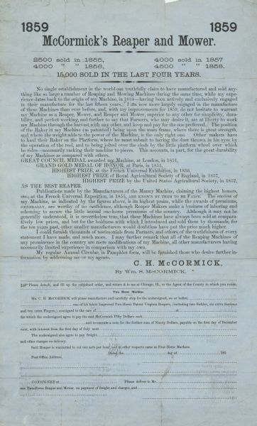 Handbill advertising McCormick's reaper and mower. Includes the headline "15,000 sold in the last four years." An order form is attached to the bottom of the handbill.