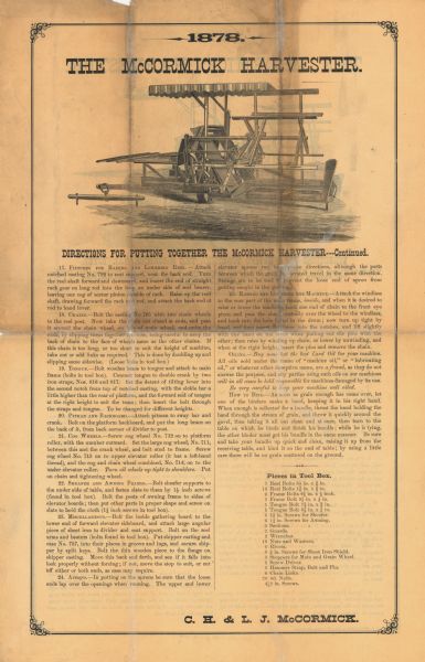 Handbill with directions for putting together the McCormick Harvester.  Features an illustration of a Marsh-type harvester.
