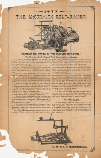 Directions for attaching the McCormick self-binder to the harvester. Features an illustration of an early wire grain binder.