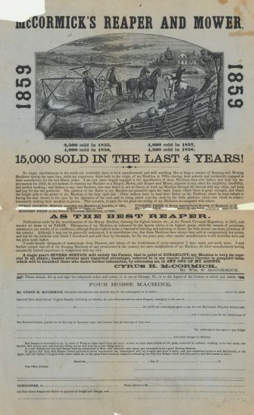 Flyer and order form advertising McCormick's Reaper and Mower.  Features the headline "15,000 sold in the last 4 years" under an illustration of the reaper in use in a field. The bottom of the flyer includes an order form to be detached and mailed in.