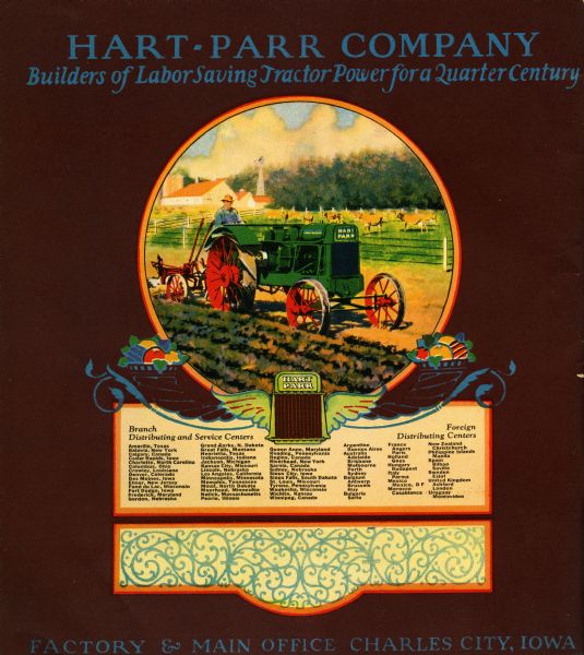 Back cover of a booklet advertising the Hart-Parr Company featuring a color illustration of a man using a tractor in a field, along with a listing of branch distributing and service centers and foreign distributing centers.