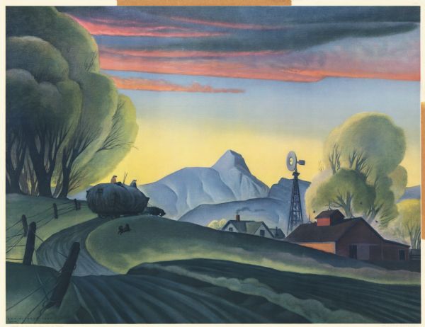Farm scene created by Alf Nichol. The artwork was possibly used in an International Harvester publication or advertisement.