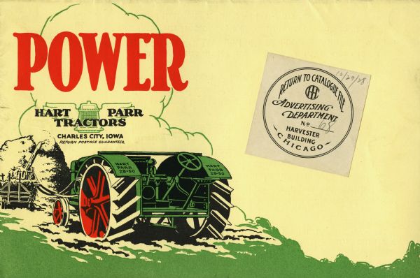 Front cover of an advertising booklet for Hart-Parr tractors featuring a color illustration of a 28-50 tractor powering what appears to be a thresher.