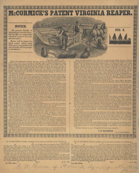 Handbill advertising McCormick's Patent Virginia Reaper, manufactured by C.H. McCormick & Co. Includes an illustration of the reaper in use. One man is driving the horses, another raking the cut grain from the reaper's platform, and a third bundling the cut grain by hand. A handwritten note at the bottom reads, "D.W. Brown of Ashland Agent for Northern Ohio."