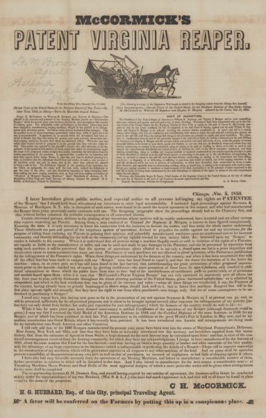 Handbill or broadsheet advertising McCormick's Patent Virginia Reaper. Features a small illustration of the machine followed by warnings to other manufacturers about infringing on McCormick's patent. A handwritten note reads "D.W. Brown Agent Ashland, Ashland Co., Ohio."