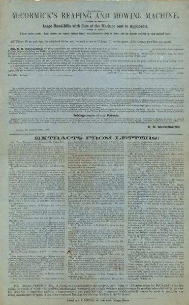 Broadside advertising McCormick's Reaping and Mowing Machine, manufactured by C.H. McCormick & Co. Includes several testimonials from McCormick customers.
