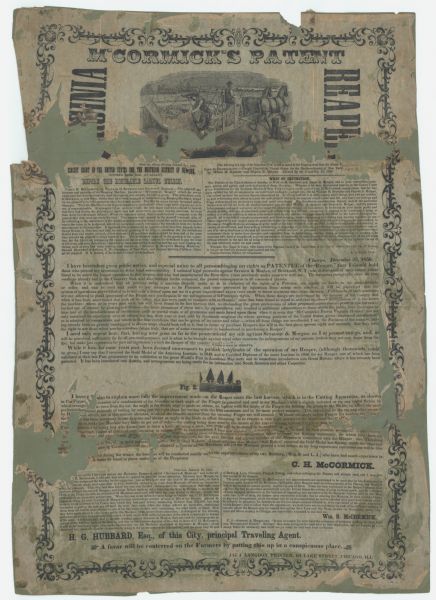 Handbill or Broadsheet advertising McCormick's Patent Virginia Reaper. Includes an illustration of the reaper in use. One man is driving the horses, another raking the cut grain from the reaper's platform, and a third bundling the cut grain by hand.