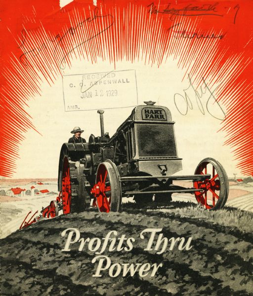 Front cover of a booklet advertising Hart-Parr farm equipment. The cover features a color illustration of a man using the tractor in a farm field set against a red background and the headline: "Profits Thru Power."