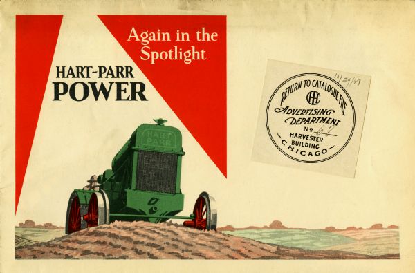 Advertisement for Hart-Parr agricultural equipment featuring a color illustration of a man operating a tractor along with text reading: "Again in the Spotlight. Hart-Parr Power."