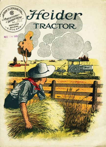 Front cover of an advertising booklet for Heider tractors featuring a color illustration of a man gathering wheat in the foreground, and another farmer using a tractor to work in a field behind him.