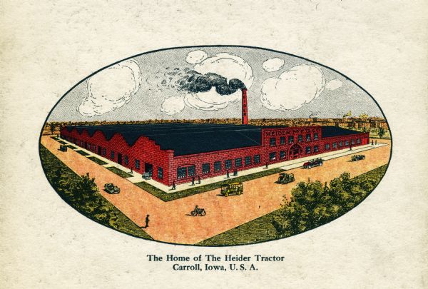 Illustration of the Heider Manufacturing Company factory in Carroll, Iowa, "Home of the Heider Tractor."