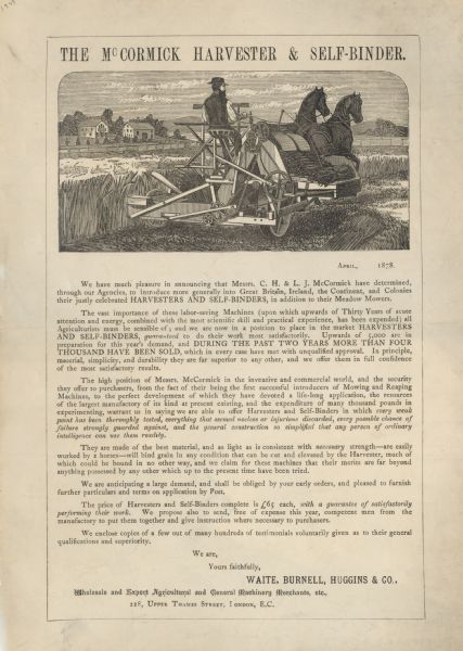 Flyer advertising the McCormick Harvester & Self-Binder for sale through London agents Waite, Burnell, Huggins & Co.  Features an illustration of the machine in use in a field.  The 1878 price for a McCormick grain binder was 78 British pounds.