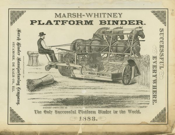 Front cover of an advertising brochure for the Marsh-Whitney Platform Binder, manufactured by the Marsh Binder Manufacturing Company. Includes the text: "the only successful platform binder in the world."