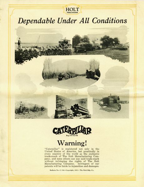Back cover of a pamphlet advertising 10-ton Caterpillar tractors. The headline reads: "Dependable Under All Conditions" and is illustrated with six photographs of the crawler tractor operating in farm fields and in snowy weather.