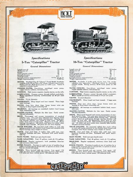 Back cover of a pamphlet advertising the Holt Caterpillar tractor, listing the specifications of the 5-ton and the 10-ton crawler tractors beneath illustrations of both machines.