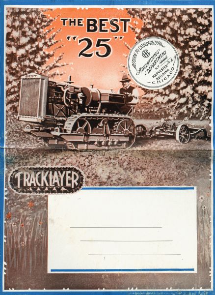 Mailing advertisement for the Best "25" tracklayer tractor featuring an illustration of a man using the crawler tractor in what appears to be an orchard. There is a space at the bottom for the recipient's name and address.