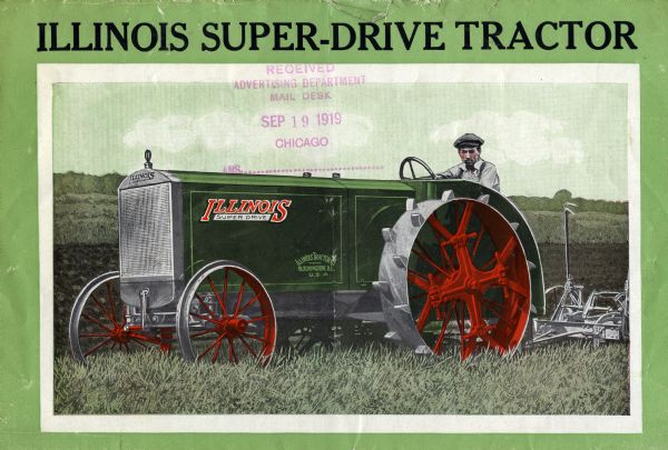 Advertisement for the Illinois Super-Drive tractor featuring a color illustration of a man using the tractor in a farm field.