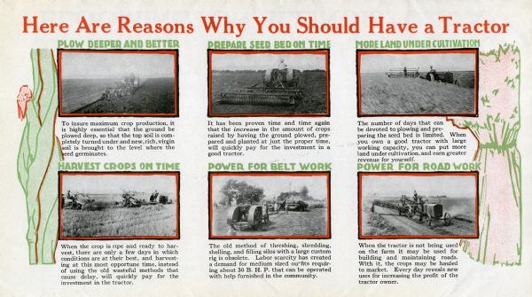 Advertisement for the Illinois Super-Drive tractor with six photographs of the machinery in use on farms. The headline reads: "Here Are Reasons Why You Should Have a Tractor." The photographs are captioned, (clockwise from top left): "Plow Deeper and Better," "Prepare Seed Bed on Time," "More Land Under Cultivation," "Harvest Crops on Time," "Power for Belt Work," and "Power for Road Work."