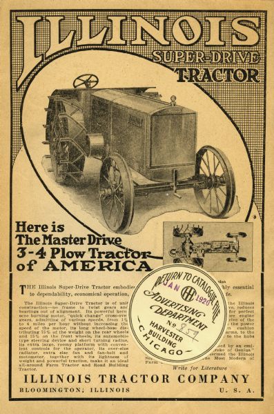 Advertisement for the Illinois Super-Drive tractor featuring two views of the machine: a three-quarter front view, and an overhead view. The caption reads: "Here is the Master Drive 3-4 Plow Tractor of America."