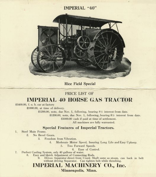 Advertisement for the Imperial 40 horse gas traction featuring an illustration of the tractor along with a listing of prices and special features.