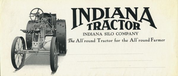 Advertisement for the Indiana tractor: "The All'round Tractor for the All'round Farmer." An illustration of the tractor as seen from the rear appears at right.