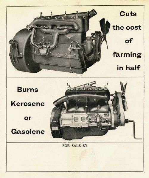 Two illustrations of the Jewel tractor motor, with captions reading: "Cuts the cost of farming in half" and "Burns Kerosene or Gasoline."