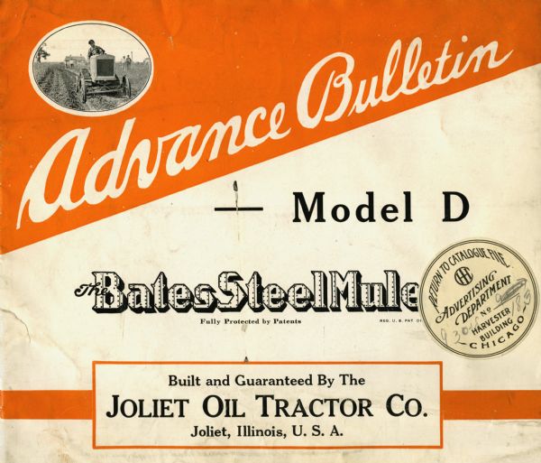 Front cover of a booklet advertising the Bates Steel Mule Model D. Features an illustration in the top left of a man using the tractor in a field while other people look on in the background.