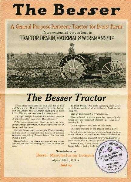 Advertisement for the Besser tractor featuring a photograph of a man using the tractor and a disk harrow in a farm field. The text reads: "The Besser. A General Purpose Kerosene Tractor for Every Farm. Representing all that is best in Tractor Design, Material & Workmanship."