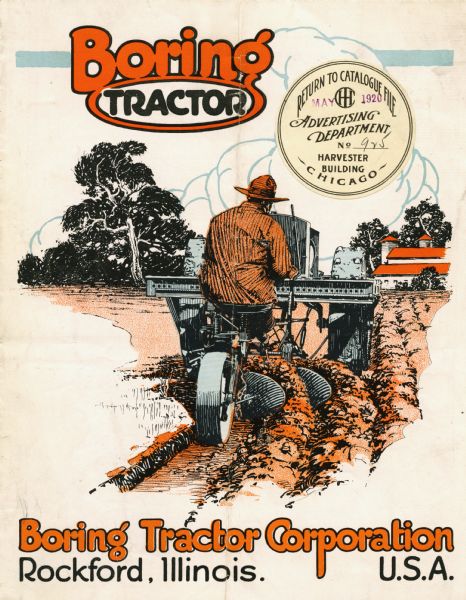 Front cover of a pamphlet advertising the Boring tractor, featuring a color illustration of a man using the tractor to work in a farm field.