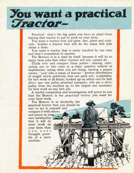 Back cover of a pamphlet advertising the Boring tractor with a headline reading: "You want a practical tractor -" and a rear-view illustration of a man using the tractor in a farm field.