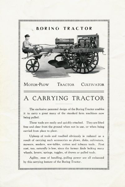 Front cover of a pamphlet advertising the Boring tractor, "A Carrying Tractor." The top of the page features a side-view photograph of a man sitting on the tractor.