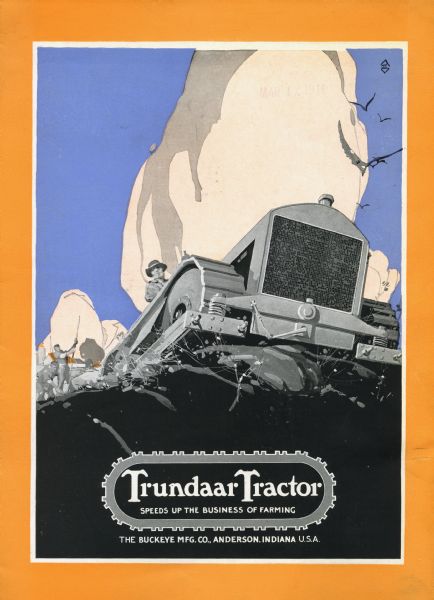 Front cover of an advertising pamphlet for the Trundaar tractor. The color illustration features a man using the crawler tractor in a field, with other men working behind him. Farm buildings are in the background. The image is set against an Art Deco style background.