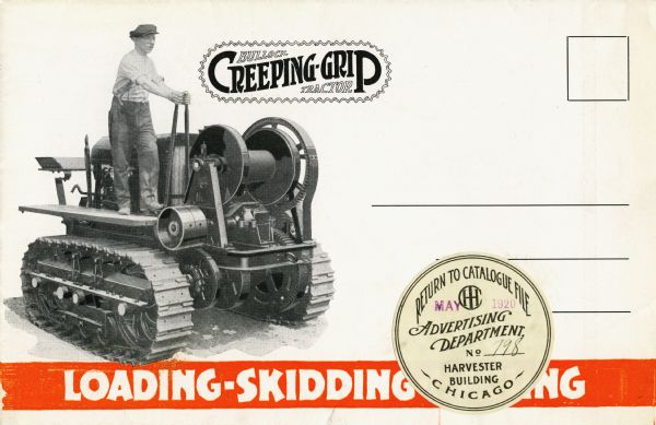 Advertisement for the Bullock Creeping-Grip crawler tractor featuring a photograph of a man standing while using the machine.