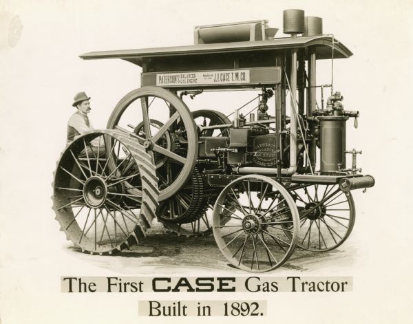 Illustration of a man sitting on the "first Case gas tractor, built in 1892."