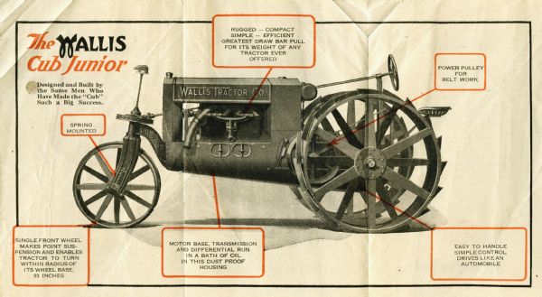 Advertisement for the Wallis Cub Junior tractor featuring a labeled side-view illustration of the machine. The text at left reads: "Designed and Built by the Same Men Who Have Made the 'Cub' Such a Big Success."
