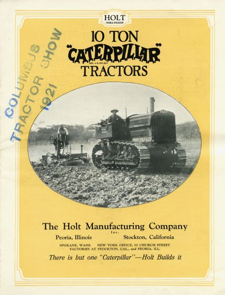 Front cover of a brochure advertising 10-ton Caterpillar tractors, featuring a photograph of two men using a Caterpillar tractor to work in a farm field.