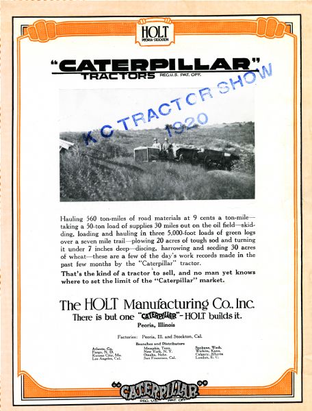 Front cover of a brochure advertising Caterpillar tractors. The page includes a photograph of men using the tractor to work in a field.