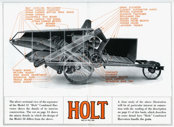 Cut-away diagram of the Holt Model 32 Combined Harvester. The text at bottom reads: "The above sectional view of the separator of the Model 32 'Holt' Combined Harvester shows the details of its interior construction. The cut on page 14 shows the minor details in which the design of the Model 30 differs from the above. A close study of the above illustration will be of particular interest in connection with the reading of the description on page 15 of this book, which describes in some detail how 'Holt' Combined Harvesters handle the grain."